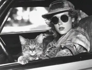 woman and cat in car